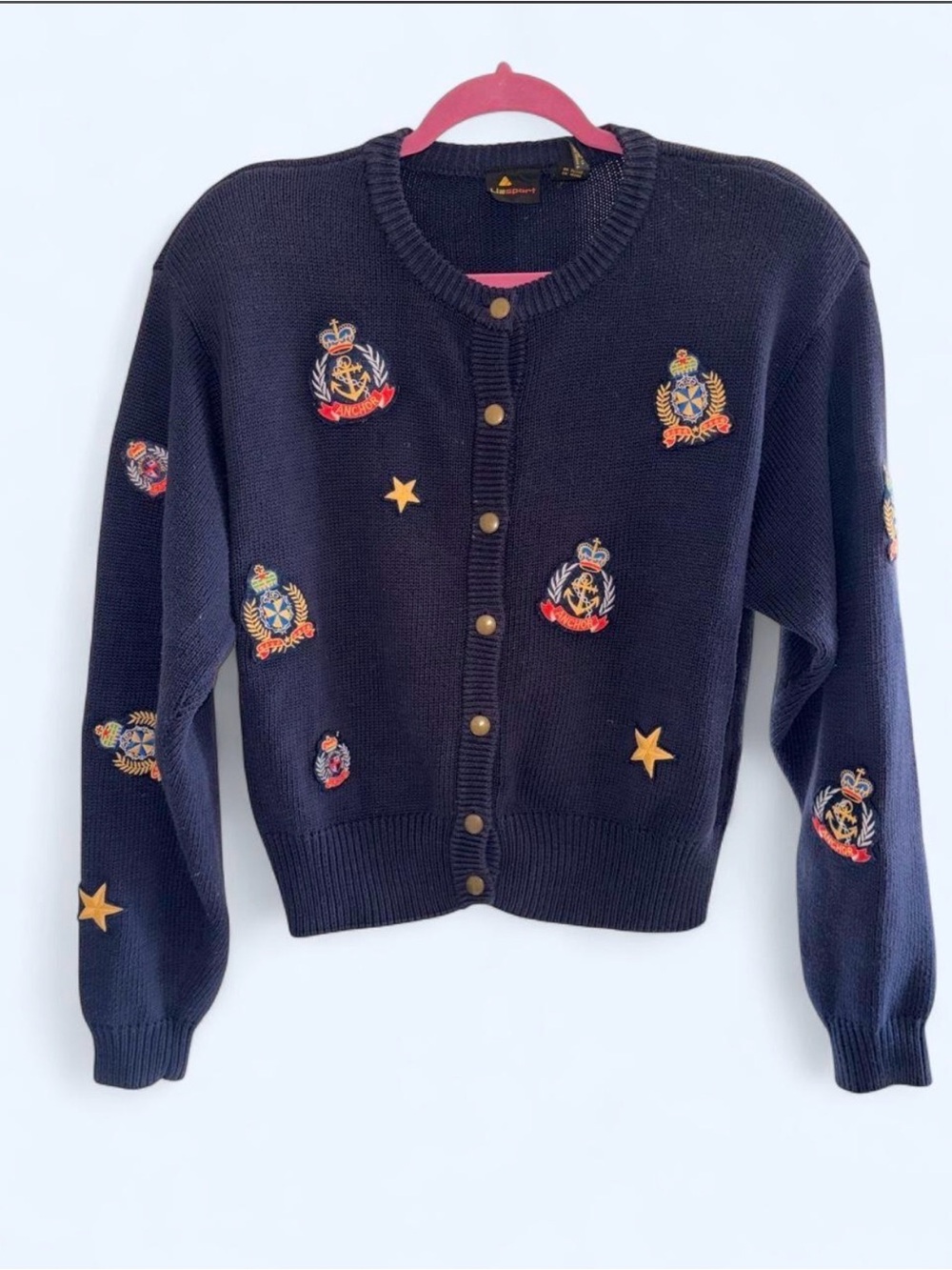 Liz Sport Navy Embroidered Crest Crewneck Cardigan Sweater - Women
